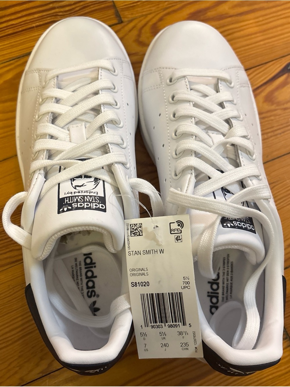 adidas Stan Smith White Sneakers with Black Heel Patch - Picture 3 of 5
